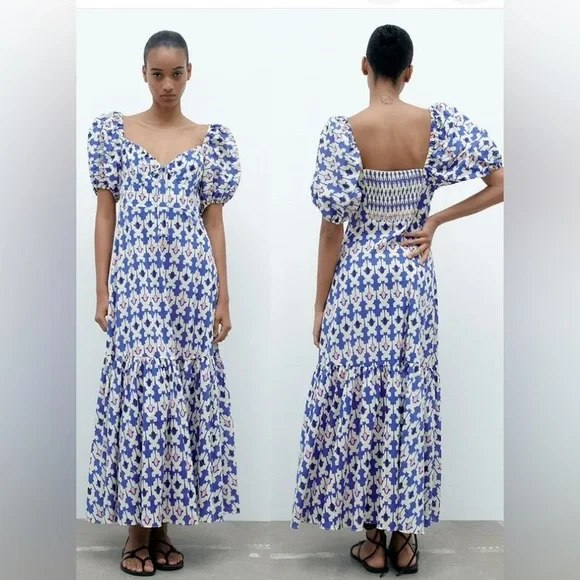 Zara Moroccan tile printed blue dress with balloon sleeves -XL - Picture 1 of 7